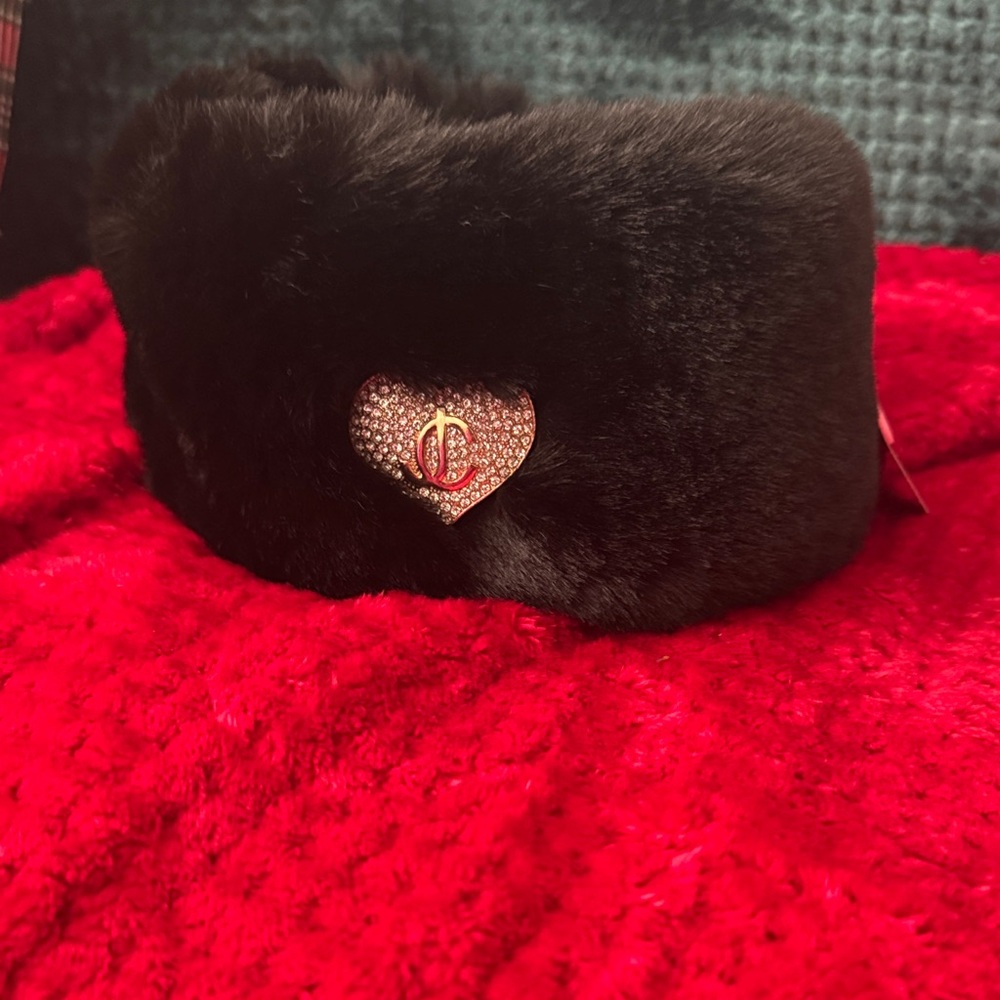 Juicy Couture Black Fur Headband with Heart Detail